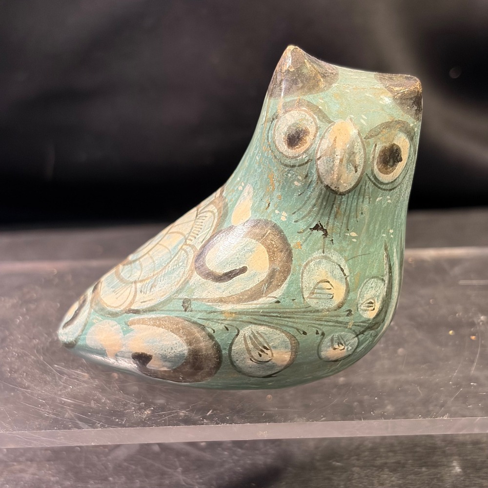 Vintage 1967 Mexican Tonala Pottery Owl Figurine Hand Painted Teal 3 Inch